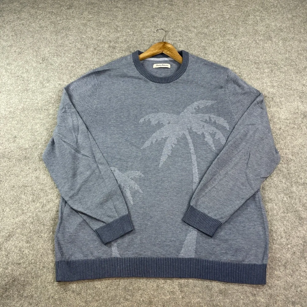 Tommy Bahama Mens Sweater XL Blue Hawaiian Tropical Print Striped Long Sleeve